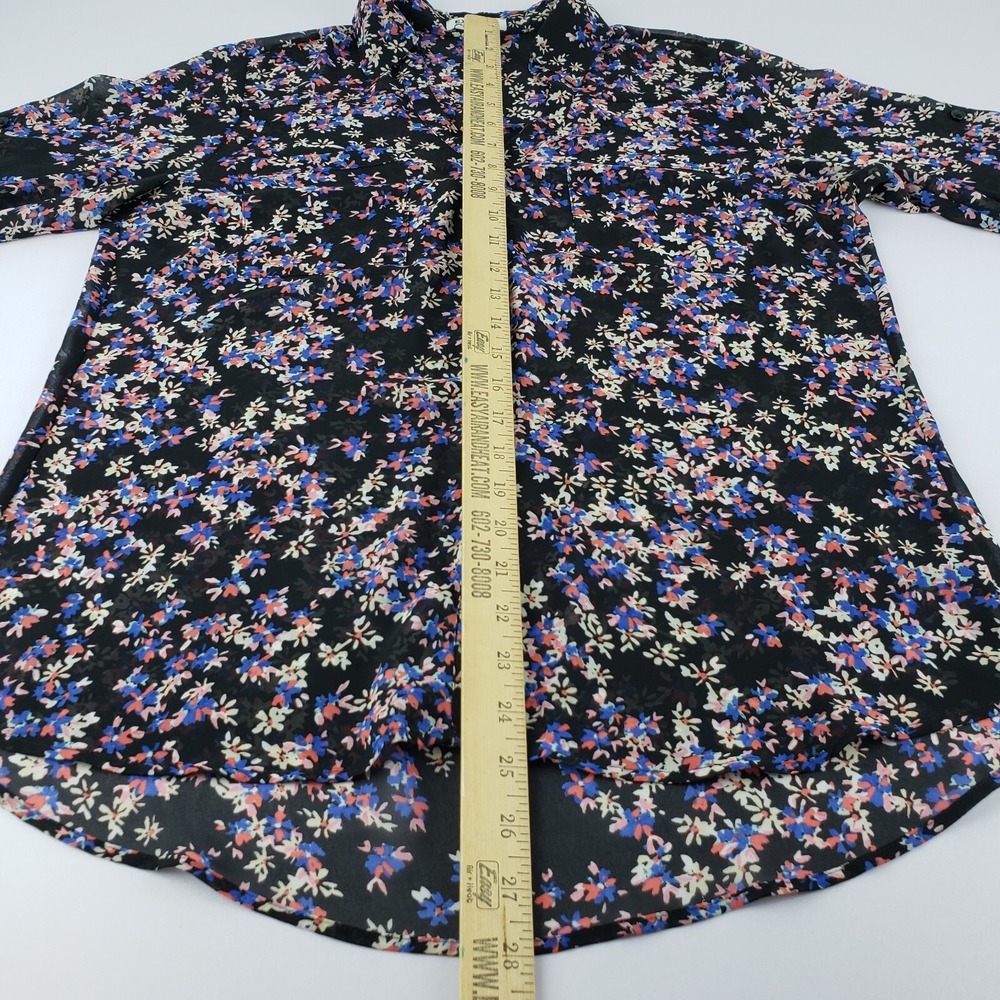 Express Portofino Blouse Shirt Women's Medium Black Floral Long Tab Sleeve - Picture 10 of 11